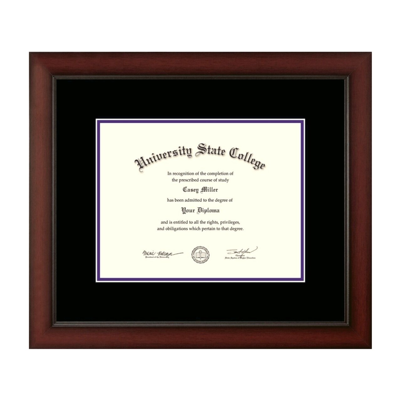 Framerly - 11"w x 8.5"h Diploma Frame - Eco-Friendly Satin Cherry Moulding with Black and Purple Matting